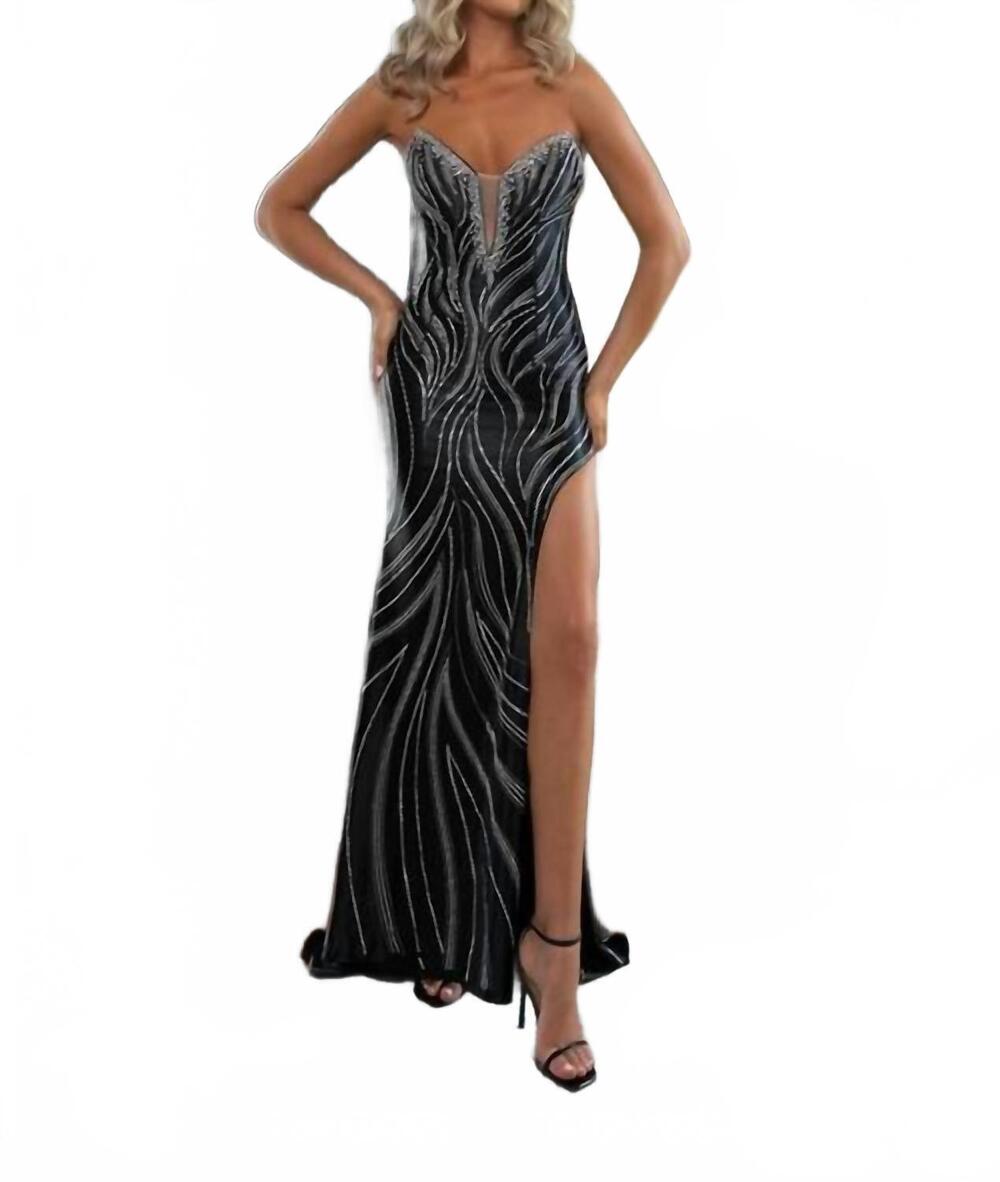 NEW RACHEL ALLAN beaded strapless slit gown in black